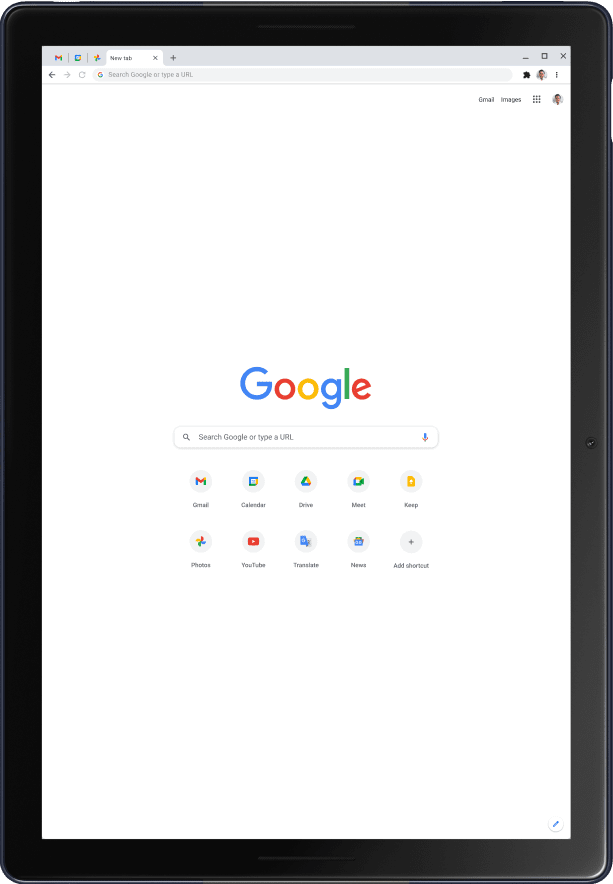 Pixel Slate tablet in portrait mode, showing the Google home page.