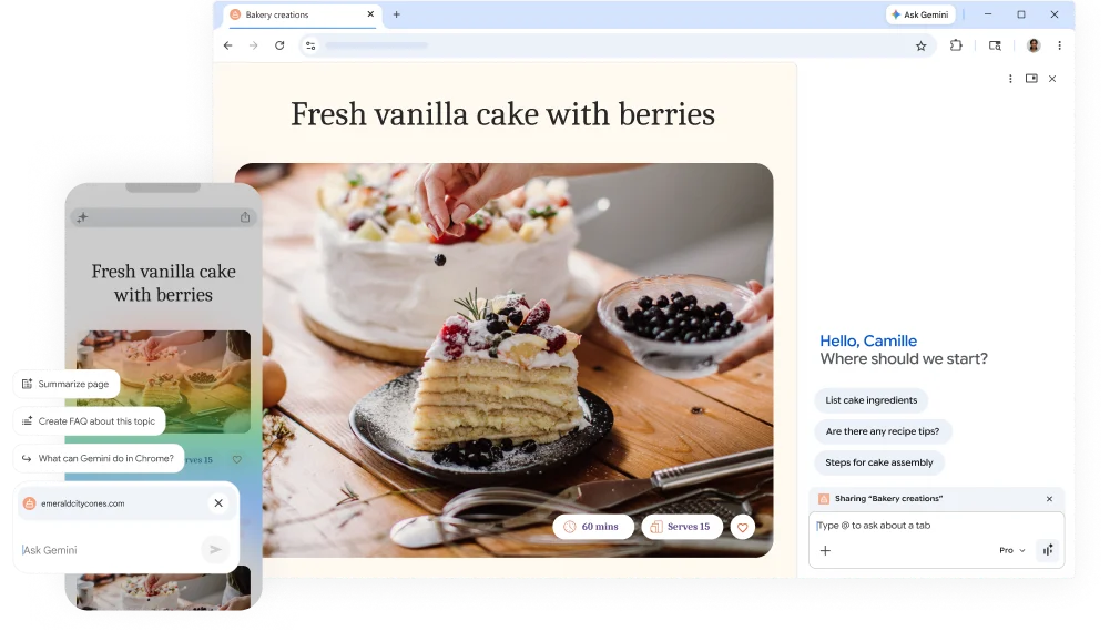 A pop-up over a cake recipe web page asks how Gemini in Chrome can help. The feature is on both desktop and mobile.