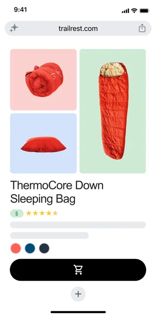 On a retail page featuring a sleeping bag, a user opens Gemini in Chrome. A box appears so that they can ask Gemini a question.